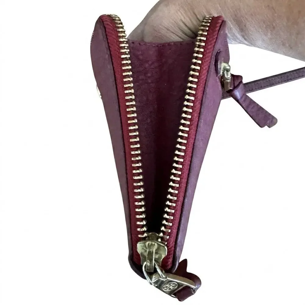 Tory Burch burgundy pebbled, leather large wristlet wallet zip clutch 6 x 8 GHW